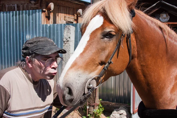 A man kisses a horse near a rural house — Stock Photo, Image