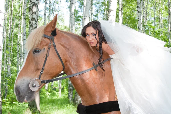 Jovem mulher no vestido de noiva em um cavalo — Fotografia de Stock