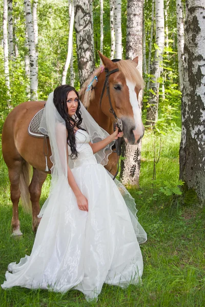 Jovem no vestido de noiva ao lado de um cavalo — Fotografia de Stock