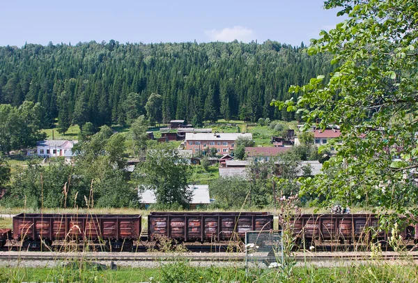 Un tren de mercancías pasa por un pueblo —  Fotos de Stock