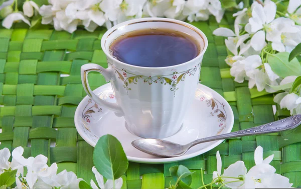 Cup of coffee with the sprigs of flowering apple-tree — Stock Photo, Image