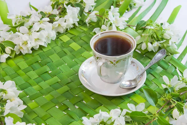 Kopp kaffe med kvistar av blommande äppelträd — Stockfoto