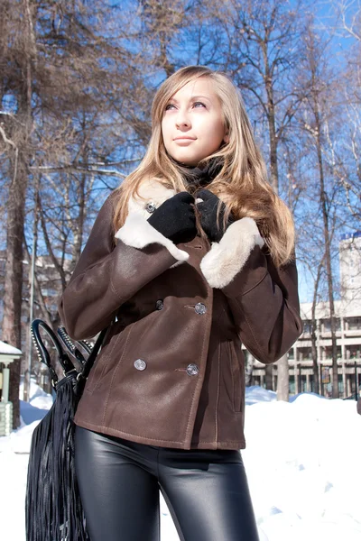 Schöne Frau in einem Winterpark — Stockfoto