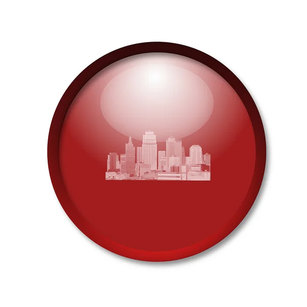 Botão vermelho brilhante com breu casas modernas em um backgrou branco — Fotografia de Stock