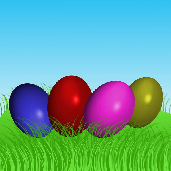 Quatro ovos de Páscoa coloridos em uma grama verde — Fotografia de Stock