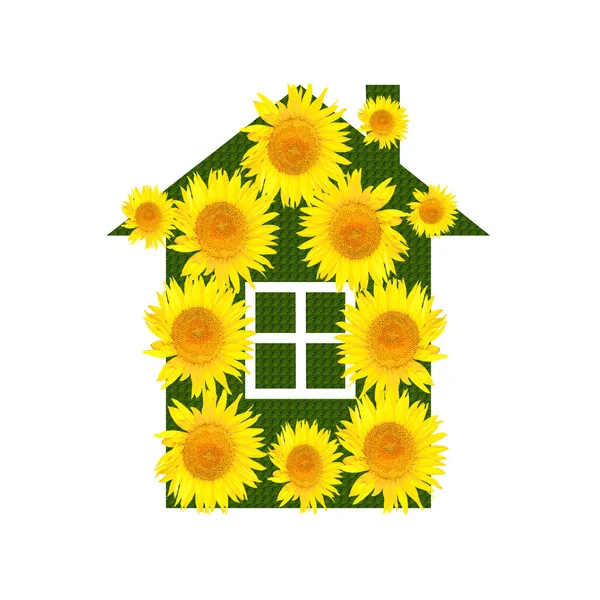 Helles Haus mit gelben Sonnenblumen auf weißem Hintergrund — Stockfoto