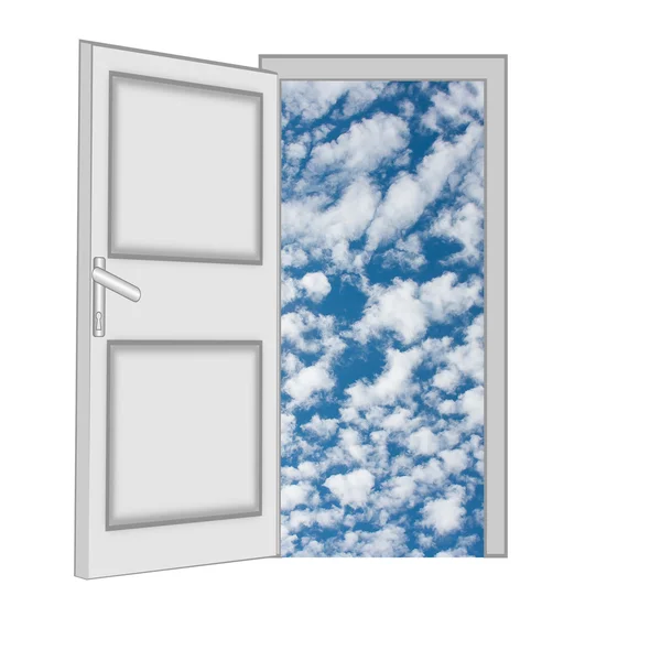 Neuzavřený dveře se na modrou oblohu s mraky — Stock fotografie