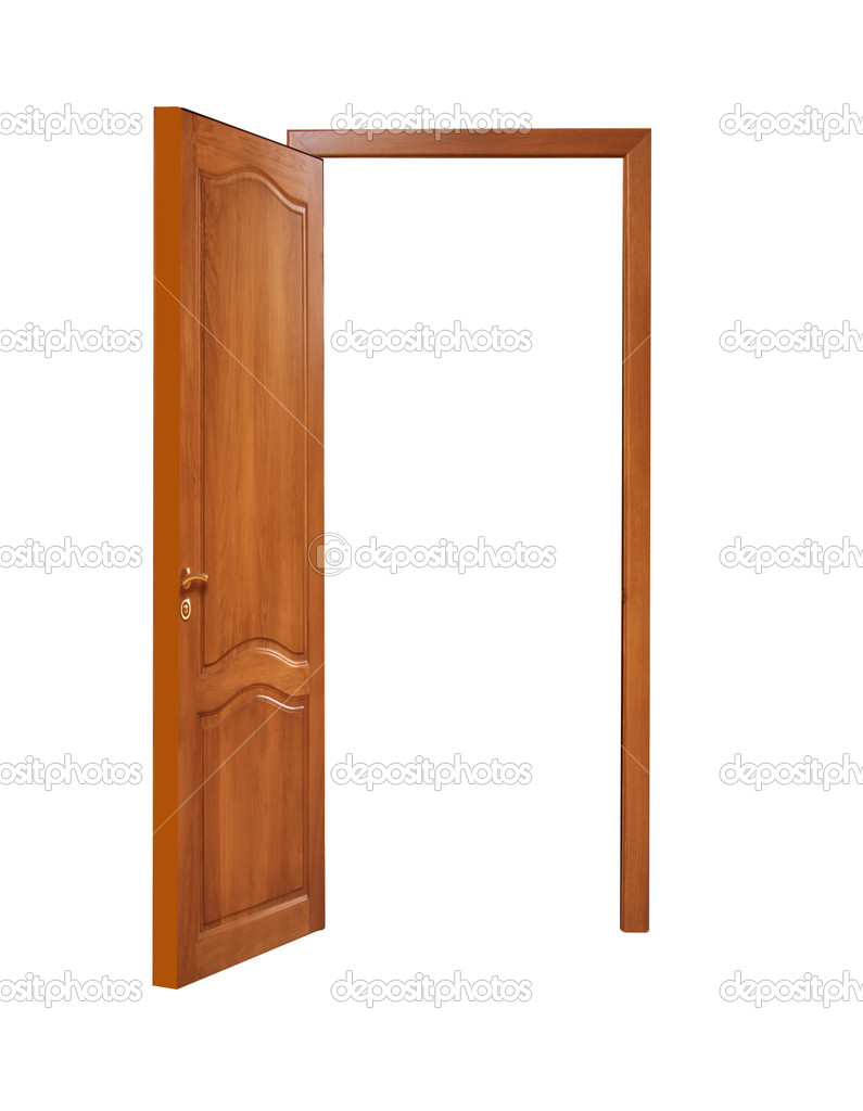 unclosed oak door on a white background, isolated