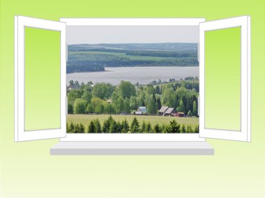Beyaz bir arka planda kırsal manzara üzerinde bir pencere açın