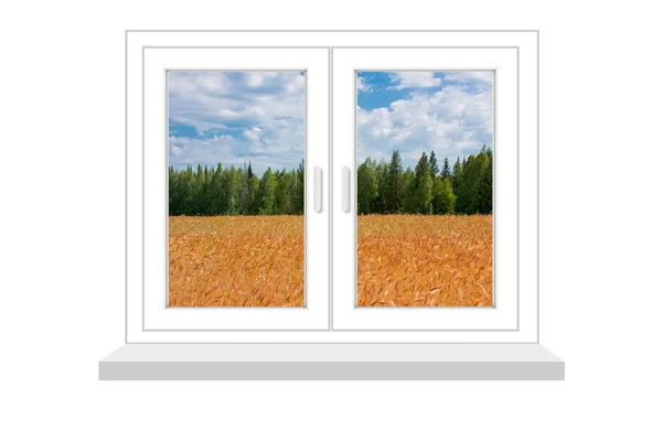 Закрытое окно с видом на поле из пшеницы — стоковое фото