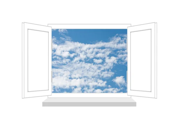 Открытое окно с видом на голубое небо на белом фоне — стоковое фото