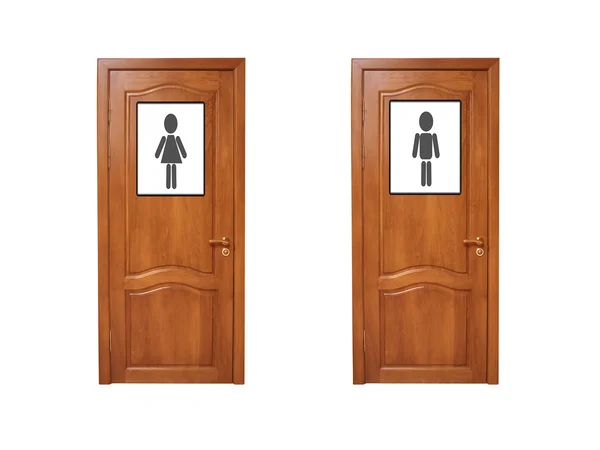 Two wooden doors with the drawn men on a white background — Stock Photo, Image