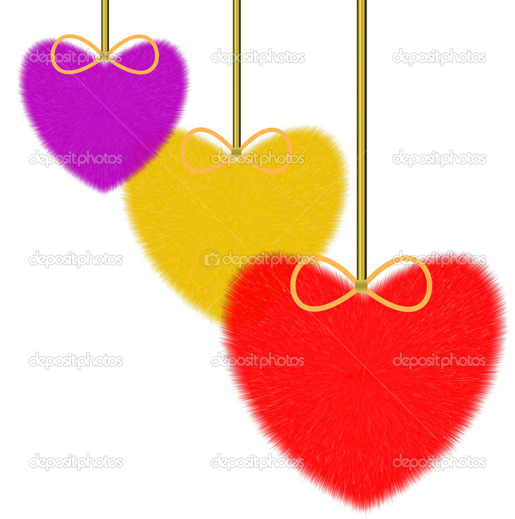 three varicoloured fluffy hearts on a white background