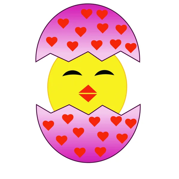 Hatching amusing chicken from a pink egg with red hearts — Stock Photo, Image