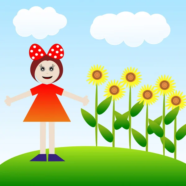 Dívka na zeleném trávníku s zářivě žluté slunečnice — Stock fotografie