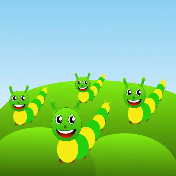 Four amusing caterpillars on a green lawn — Stock Photo, Image