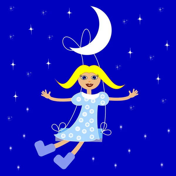 背景の星の空にスイングの少女 — ストック写真
