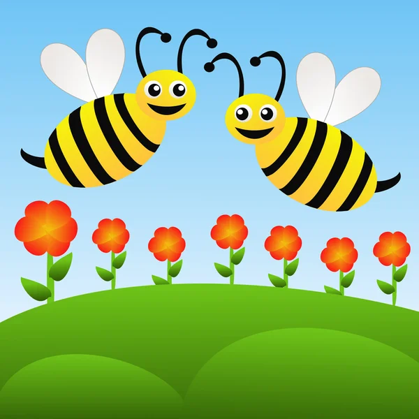 Duas abelhas desenhadas divertidas voam acima das flores vermelhas em um backgroun azul — Fotografia de Stock
