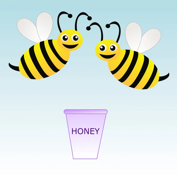 Two amusing drawn bees and bucket with honey on a blue backgroun — Stock Photo, Image