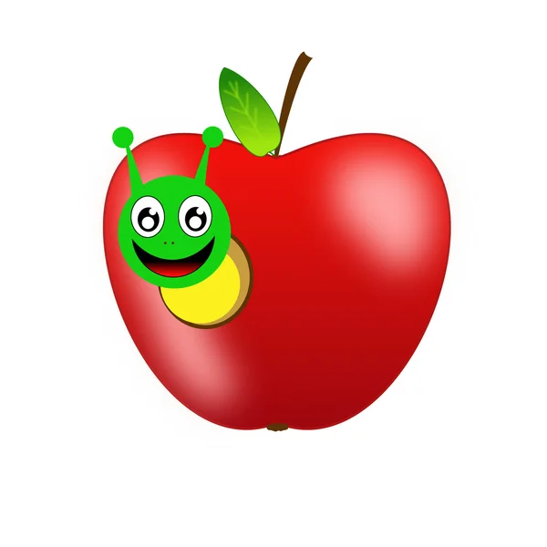 Bright red apple and glad green worm — Stock Photo, Image