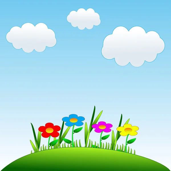 Bright drawn flowers on a green lawn — Stock Photo, Image