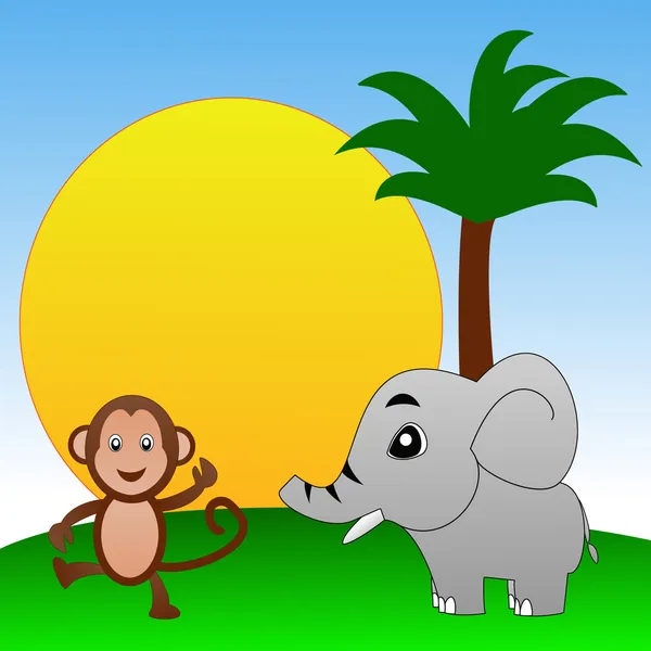 Masal karakterimiz fil ve maymun yeşil çim üzerinde — Stok fotoğraf