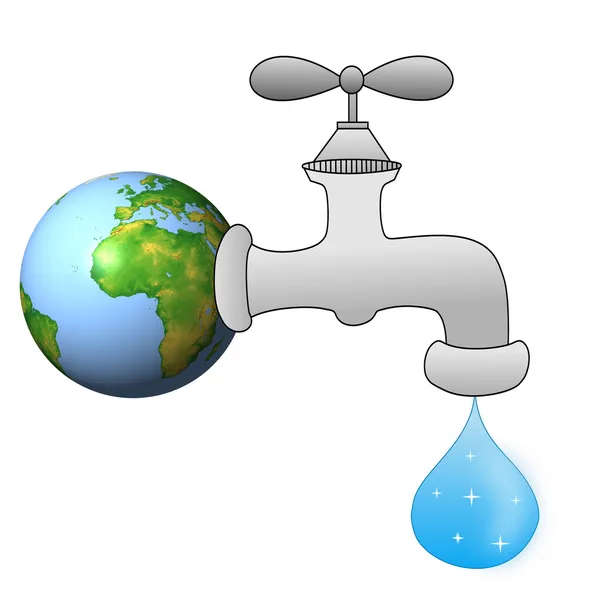 A faucet plumbing with a drop of water from a planet earth — Stock Photo, Image