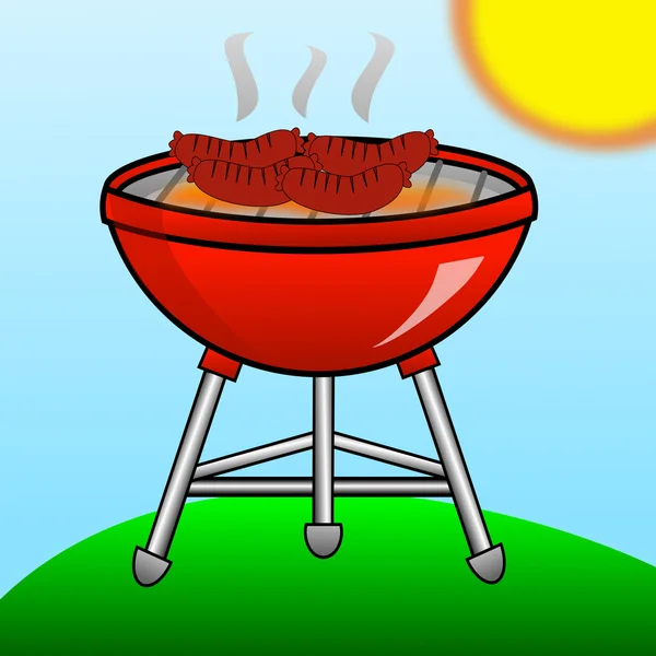 Барбекю красного цвета с жареными колбасами — стоковое фото