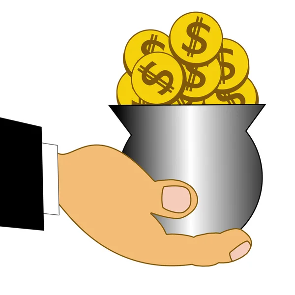 Kieren dollar in een metalen pot op een hand — Stockfoto