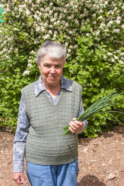 Äldre kvinna med vårlök — Stockfoto