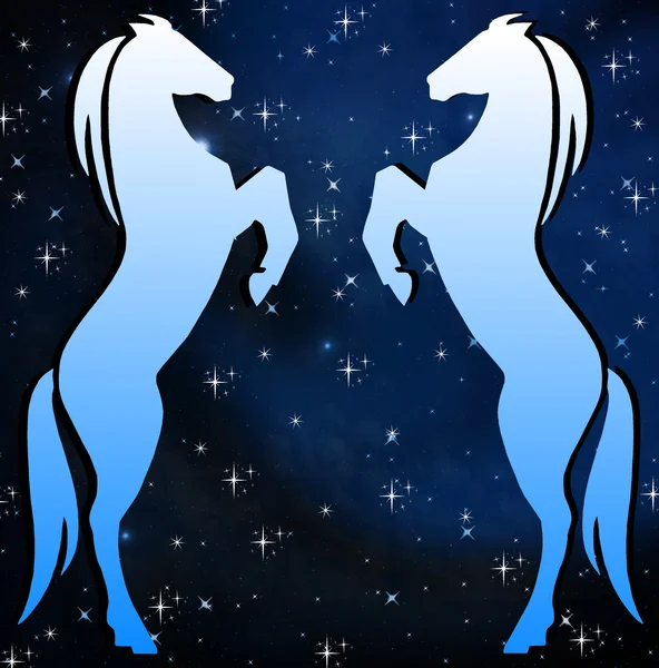 Sylwetki dwóch koni na tle galaktyka gwiazda — Zdjęcie stockowe