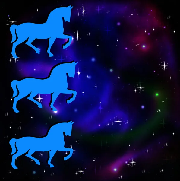 Silhouettes of three horse on a background a star galaxy — Stock Photo, Image