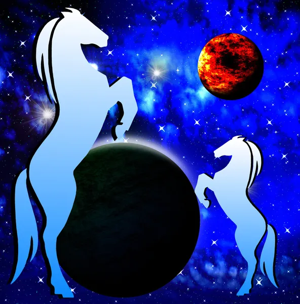 Silhouettes of two horse on a background a star galaxy — Stock Photo, Image