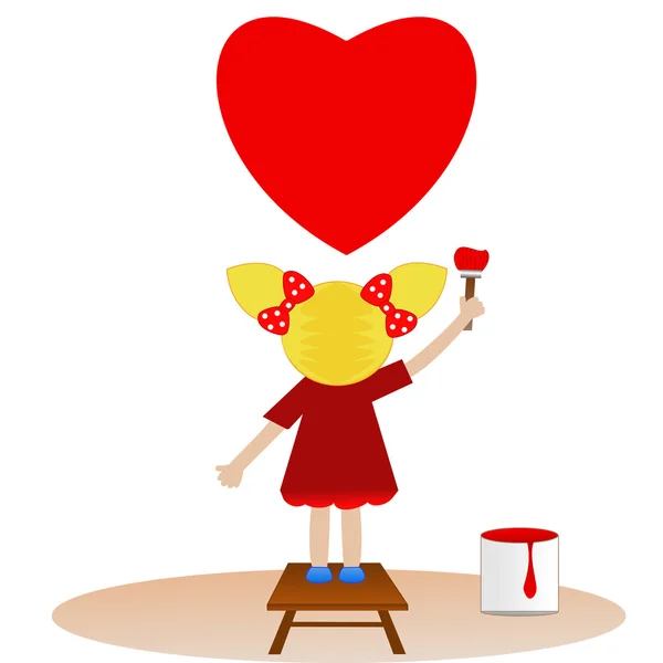 A little girl draws on sky red heart — Stock Photo, Image