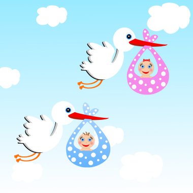 storks carry babies on a background blue sky clipart