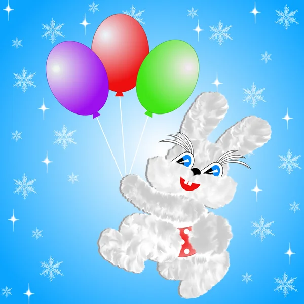 Fluffy hare with balloons on a blue background — Stock Photo, Image