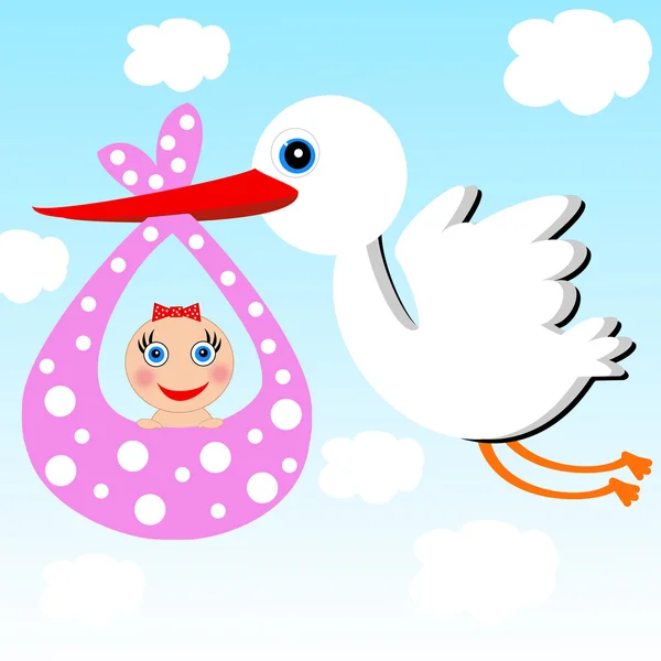 Uma cegonha carrega um bebê em um fundo céu azul — Fotografia de Stock