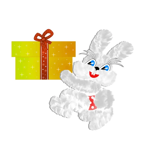 Fluffy hare with a gift on a white background — Stock Photo, Image