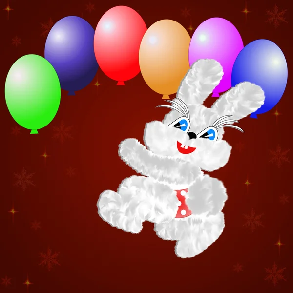 Fluffy hare with balloons on a claret background — Stock Photo, Image
