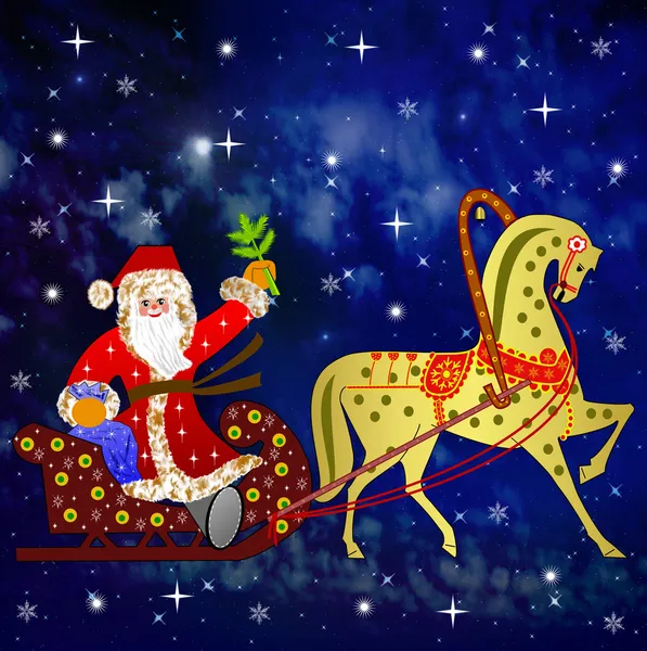 Санта-Клаус з мішком подарунків у санчатах в команді з h — стокове фото