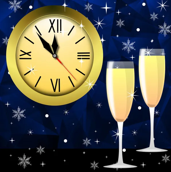 Kulaté hodiny a dvě sklenice s champagne — Stock fotografie