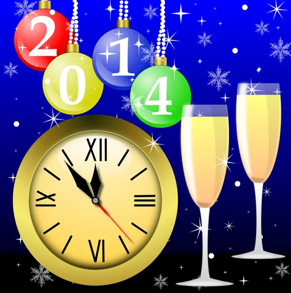 Годинник, окуляри з шампанським та новорічними кульками — стокове фото