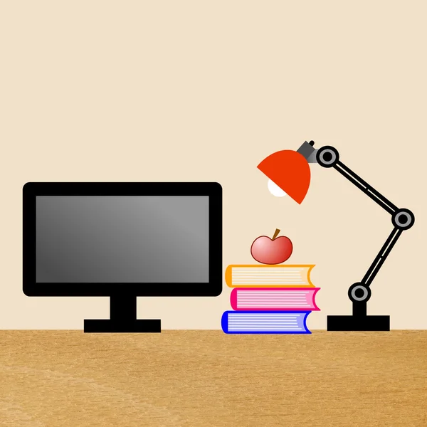 Lampada da lettura, computer, tre libri e mela su un tavolo — Foto Stock