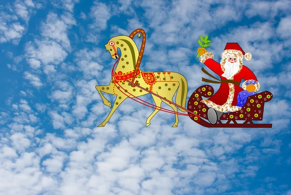 Weihnachtsmann mit dem Sack voller Geschenke im Schlitten in einem Team mit einem h — Stockfoto