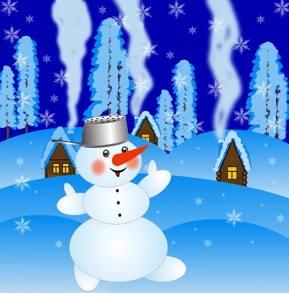 Homem de neve em um fundo paisagem de inverno — Fotografia de Stock
