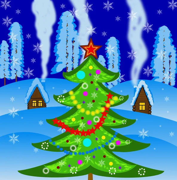 Vánoční strom na pozadí Zimní krajina — Stock fotografie