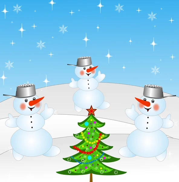 New-year tree and and three snow men — Stock Photo, Image