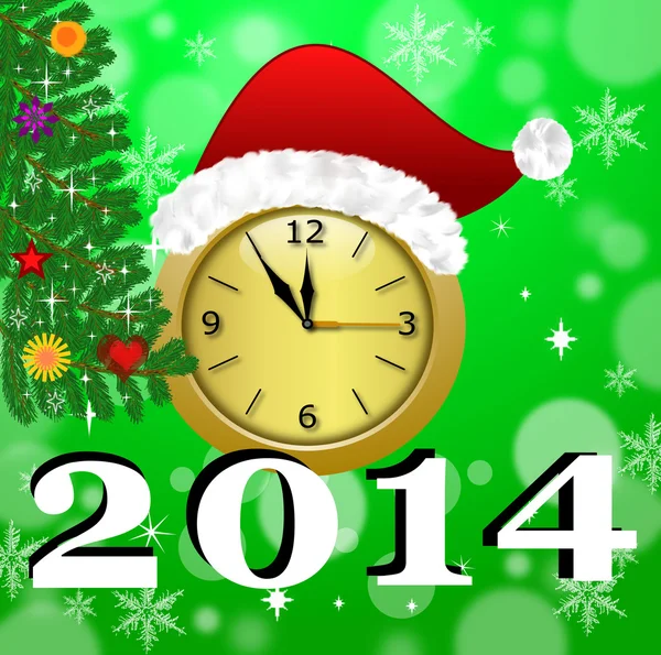 Clock with a new-year cap, by a fir-tree decorated and symbols o — Stock Photo, Image