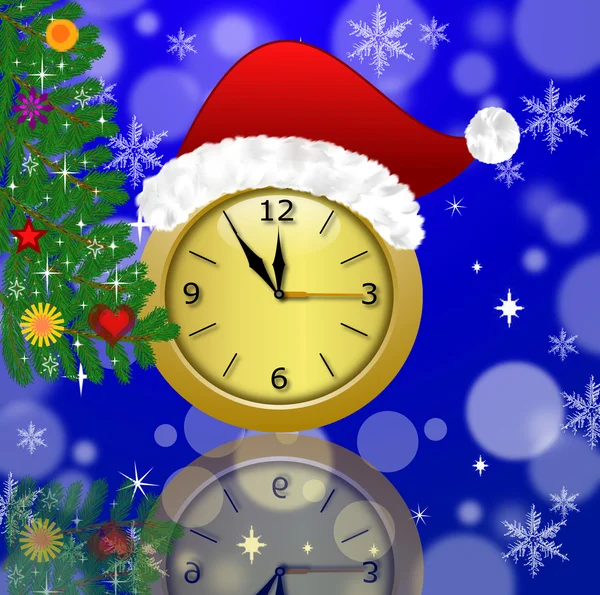 Yeni yıl şapkası ve süslü çam ağacı ile saat — Stok fotoğraf