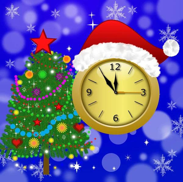 Clock with a new-year cap and fir-tree decorated — Stock Photo, Image